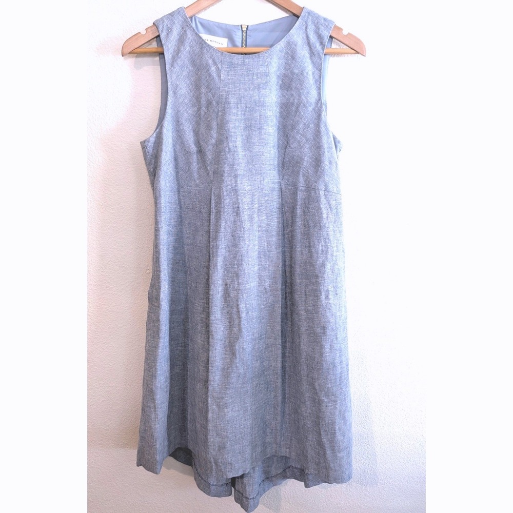 Donna Morgan Linen Cotton Dress Blue Sleeveless Pleated Shift Pockets Size 4